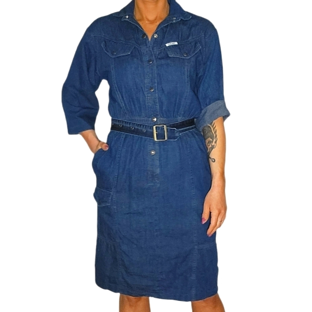 Vintage Ideas Belted Long Sleeve Button-Up Cotton Midi Dress Size Medium…